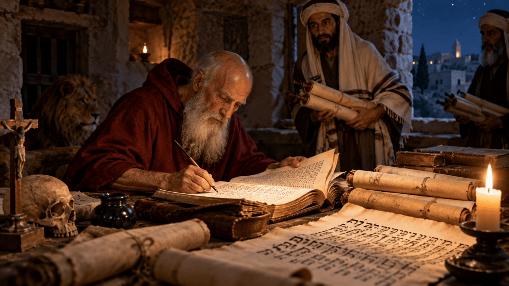 San Girolamo a Betlemme traduce le Scritture dall'ebraico al latino durante la notte, consultando rotoli portati da studiosi ebrei.
