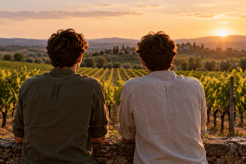 Due fratelli gemelli visti di spalle davanti a una vigna al tramonto