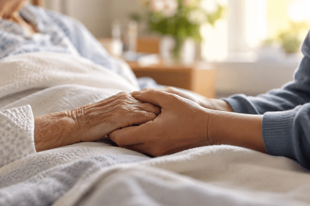 Una mano sostiene con delicatezza la mano di una persona anziana a letto, immagine di cura e accompagnamento nel fine vita.