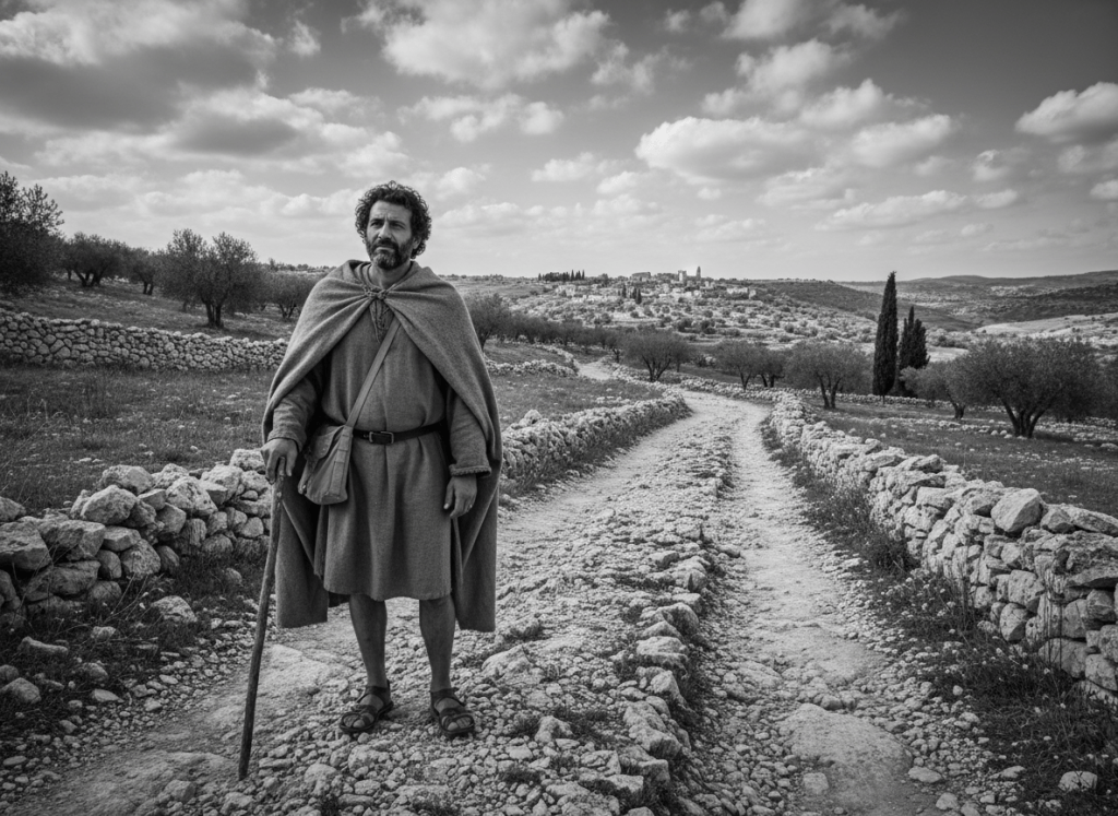 Cleofa cammina verso Emmaus lungo una strada tra ulivi e colline, in una fotografia realistica in bianco e nero.