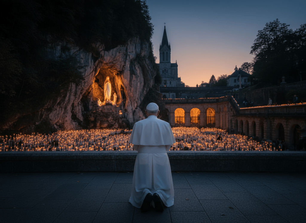 Papa Leone XIV, raffigurato di spalle in preghiera davanti alla Grotta di Massabielle a Lourdes.