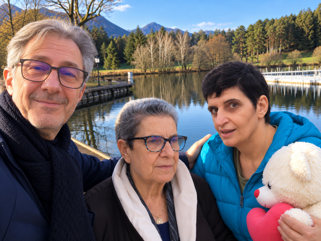 Don Danilo insieme alla mamma e alla sorella Michela, davanti a un lago